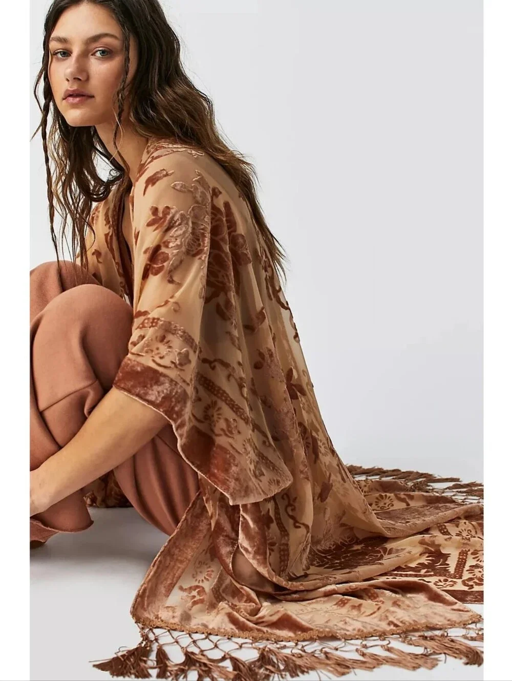 Free People Nightbird Burnout Brown Kimono One Size